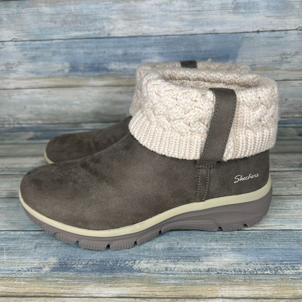 Skechers Bootie Womens 9.5 Taupe Easy Going Foldover Collar Ankle